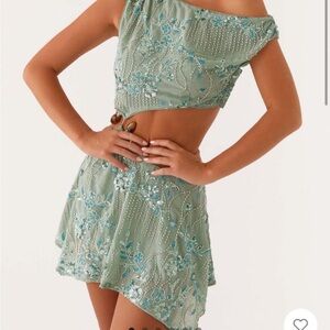 Peppermayo One Shoulder Dress in Green and Blue